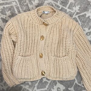 Zara Beige Knit Cardigan with Gold Accents